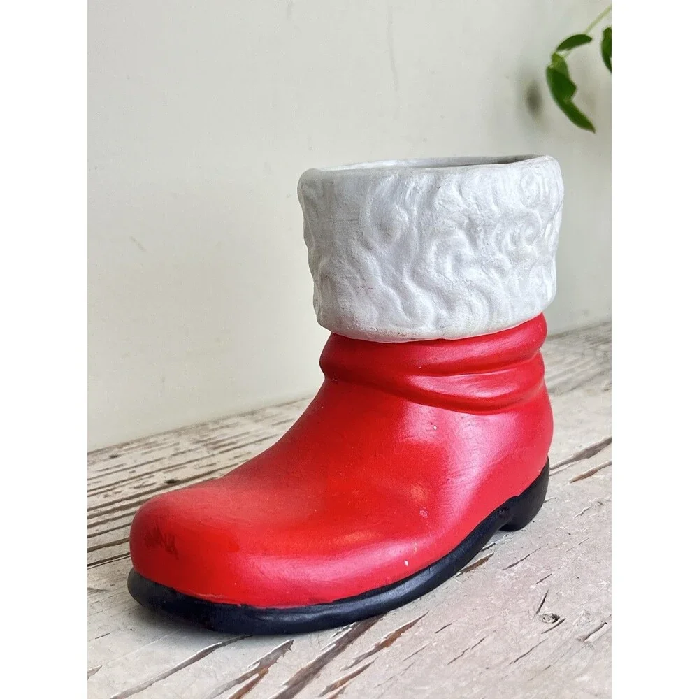 Vintage Hand Painted Ceramic Christmas Santa Boot Candy Cane Holder / Planter